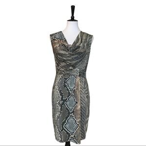 Dressbarn Sheath Dress Drape Cowl Neck Gray Tan Snake Print Women's Size 4
